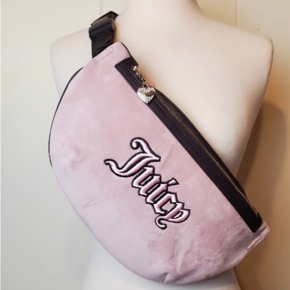 Juicy Couture Light Pink Plush Crossbody Sling Bag with Black Trim